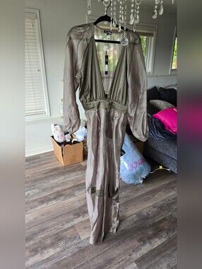 Satin Olive Green Plunge Maxi Jumpsuit